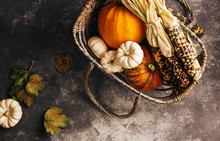 Different Pumpkins And Corn In A In Basket.