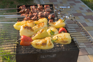 Wall Mural - Bell peppers cooked outdoor with pieces of pork meat on smouldering carbons