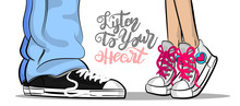 Pop Art Man Woman Sneakers Legs Blue Jeans Shoelace Stay Kiss Romantic. Philosophy Lettering Love Comic Text Phrase. Cartoon Colored Sketch Vector Illustration. Funny Valentines Day Casual Style.