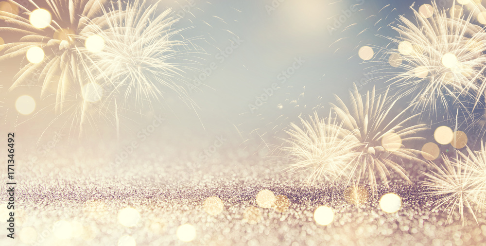 Gold and green Vintage Fireworks and bokeh in New Year eve and copy ...