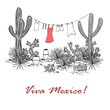 Funny hand drawn illustraytion with jars, saguaro, blue agave, prickly pear, and laundry hanging on a clothesline. Latin American background. Viva Mexico Vector.