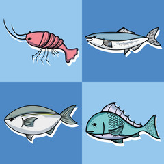 Sticker - set fishing recreation with special tools vector illustration