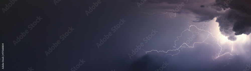 Huge lightnings and thunder during heavy summer storm. - obrazy, fototapety, plakaty 