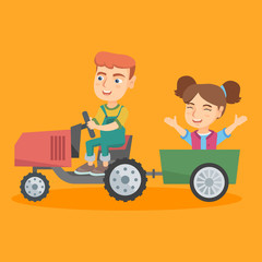 Wall Mural - Little caucasian boy driving a tractor with his female friend in hindcarriage. Cheerful boy and girl enjoying a ride in a tractor. Vector sketch cartoon illustration. Square layout.