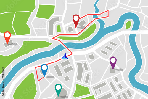 Cuadros en Lienzo Map with route and gps pointers