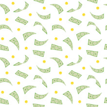 Money Rain. Seamless Pattern With Falling Dollars And Coins.