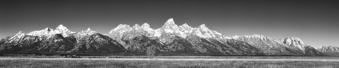 Black and white panoramic picture of the Grand Teton Mountain Range in autumn, Wyoming, USA.