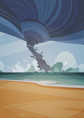 Wall Mural - Tornado Incoming From Sea Hurricane In Ocean Beach Landscape Of Storm Waterspout Twister Natural Disaster Concept Flat Vector Illustration