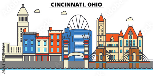 Cincinnati Ohio City Skyline Architecture Buildings Streets Cincinnati Ohio City Skyline Architecture Buildings Streets Silhouette Landscape Panorama Landmarks Editable Strokes