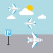 airport plane flying sky sun cloud parking sign vector illustration