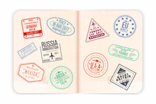 Vector Passport With Visa Stamps. Open Passport Pages With Airport Visa Stamps And Watermarks