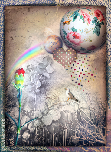 planeta-z-namalowanymi-kwiatami-czarno-biale-liscie-i-serce-w-kropki-ilustracja-w-stylu-vintage