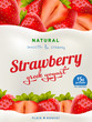 Natural Yogurt ads or packaging design. Illustration of zero fat healthy dairy product with sliced strawberry and flavor