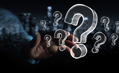 Poster - Businessman touching hand drawn question marks