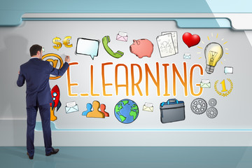 Wall Mural - Businessman drawing e-learning sketch on a board 3D rendering