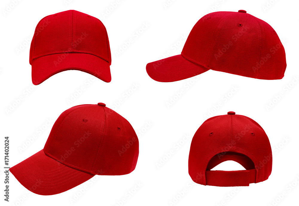 blank red baseball cap 4 view on white background - obrazy, fototapety, plakaty 