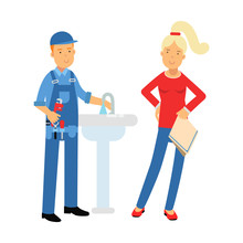 Young Woman Standing With Proffesional Plumber Character Repairing Faucet Tap, Plumbing Service Vector Illustration