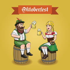 Cartoon Bavarian man and woman with beer, sausage and pretzel. Oktoberfest illustration