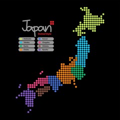 Aufkleber - Japan Map of circle shape with the provinces colorful on a black background. Vector illustration dotted style.