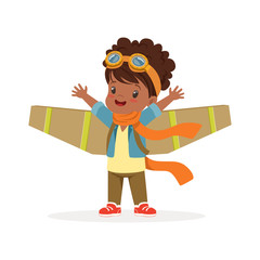 Wall Mural - Cute little african girl in pilot costume playing with wings, kid dreaming of piloting the plane vector Illustration