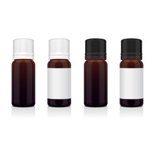 Set Of Realistic Essential Oil Brown Bottle. Mock Up Bottle Cosmetic Or Medical Vial, Flask, Flacon 3d Illustration
