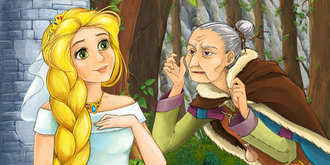 Wall Mural - cartoon scene with princess and witch in the forest near the castle tower - illustration for children