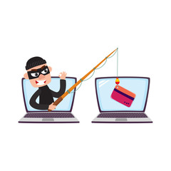 Hacker in black mask stealing credit card details with fishing rod, phishing attack concept, cartoon vector illustration isolated on white background. Cartoon computer hacker, phishing attack