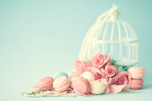 Vintage Pastel French Macarons, Roses And Bird Cage