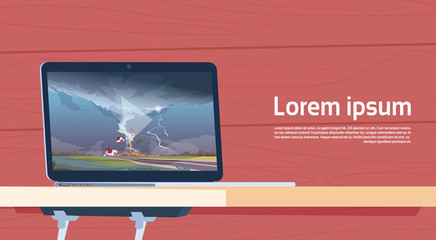 Wall Mural - Laptop Computer Playing Video Of Twisting Tornado Destroying Farm Hurricane Landscape Of Storm Waterspout In Countryside Natural Disaster Concept Flat Vector Illustration