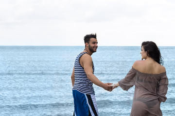 Sticker - Couple Walking Beach Summer Vacation, People Beautiful Young Happy Man And Woman Smile Sea Ocean Holiday Travel