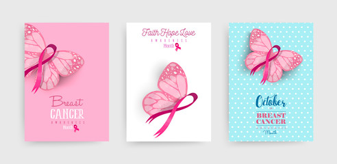 Wall Mural - Pink breast cancer butterfly ribbon art poster set