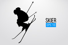 Silhouette Of Skier Jumping Isolated. Vector Illustration