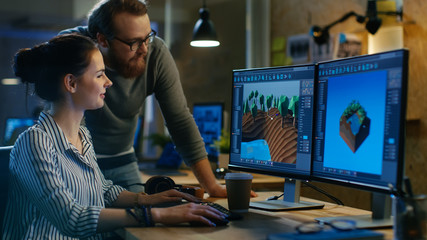 Wall Mural - female game developer has discussion with male project manager while working on a game level on her 