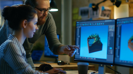 Wall Mural - female game developer has discussion with male project manager while working on a game level on her 