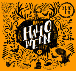 Wall Mural - Happy Halloween lettering logo. Greeting card with Horns, ghost, wild cat, grave. Hand drawn typography for horror holiday. Party Invitation design