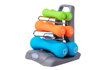 Wall Mural - Set of colored isolated dumbbells for sport on a white background folded on a special gray stand