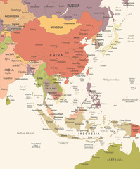  East Asia Map - Vintage Vector Illustration