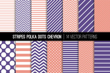 Polka Dot, Chevron And Diagonal And Horizontal Stripes Vector Patterns In Coral Pink And Violet. Modern Minimal Backgrounds. Tiny And Jumbo Spots And Various Thickness Lines. Tile Swatches Included.