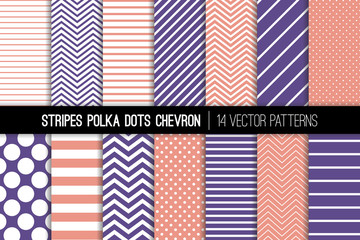 Wall Mural - Polka Dot, Chevron and Diagonal and Horizontal Stripes Vector Patterns in Coral Pink and Violet. Modern Minimal Backgrounds. Tiny and Jumbo Spots and Various Thickness Lines. Tile Swatches Included.