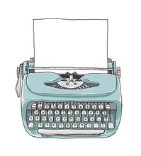 Blue Mint Vintage  Typewriter Portable Retro With Paper Hand Drawn Vector Art Illustration