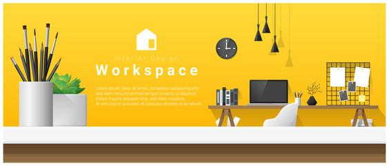Interior design with table top and Modern office workplace background , vector , illustration
