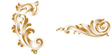 Set Of Golden Vintage Baroque Ornament, Corner. Retro Pattern Antique Style Acanthus. Decorative Design Element Filigree Calligraphy Vector. - Stock Vector