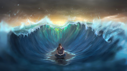 Woman reading and surrounded by waves