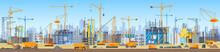 Wide Head Banner Of City Skyline Construction Process. Tower Cranes On Construction Site. Buildings Under Construction.