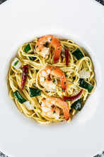 Fresh Pasta With Shrimps, Zucchini And Chily
