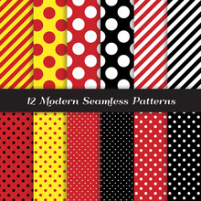 Polka Dots And Diagonal Stripes Seamless Vector Patterns In Red, Black, White And Yellow. Perfect For Kids Pirate Birthday Party Background. Pattern Tile Swatches Included.