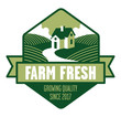 © rockindaddy - Farm Fresh LogoFarmhouse logo or badge with fields of crops and banner.