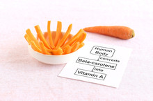 Carrot Pieces And Text, Highlighting Concept Of The Conversion Of Beta-carotene Into Vitamin A By The Human Body.