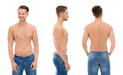 Collage of young sexy man on white background