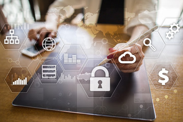 Data protection, Cyber security, information safety and encryption. internet technology and business concept.  Virtual screen with padlock icons.